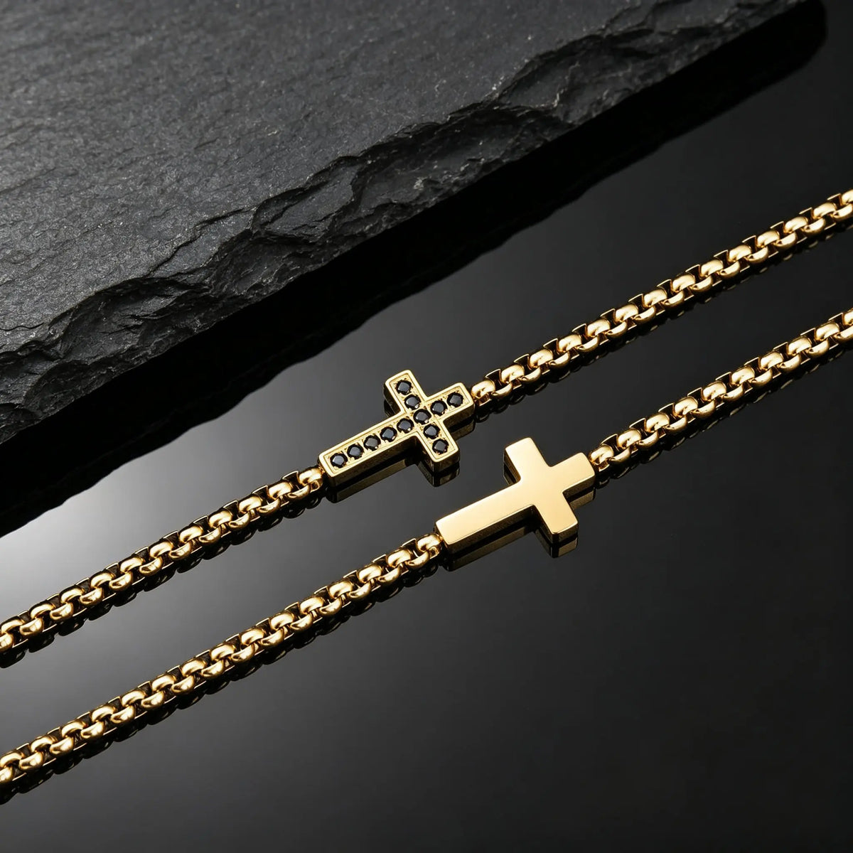 Stylish Men's Cross Bracelet,High Quality Stainless Steel Box Chain with Black CZ, Adjustable Hip Hop Faith Jewelry Gift