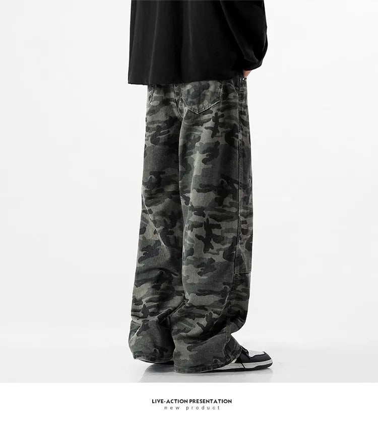 Camouflage Tooling Jeans Autumn New High Street Retro Loose Straight Wide Leg Baggy Trousers Cargo Pants Men Low Rise Jeans