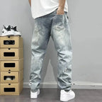 2026 Washed Light Blue Ripped Jeans Men's Straight High Street Trendy Brand Ragged Beggar Pants Large Size Trousers Cargo Pants