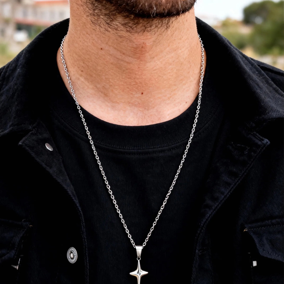 Simple Trendy Star Necklace for Men Boys,Silver Color Stainless Steel 4-Point Star Pendant,Hip Hop Minimalist Jewelry Gift