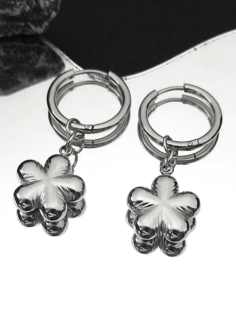 Stainless Steel Y2K Plum Blossom Hoop Earrings for Women Silver Color Aesthetics Flower Hip Hop Earring Jewelry EZZZ796-3S06