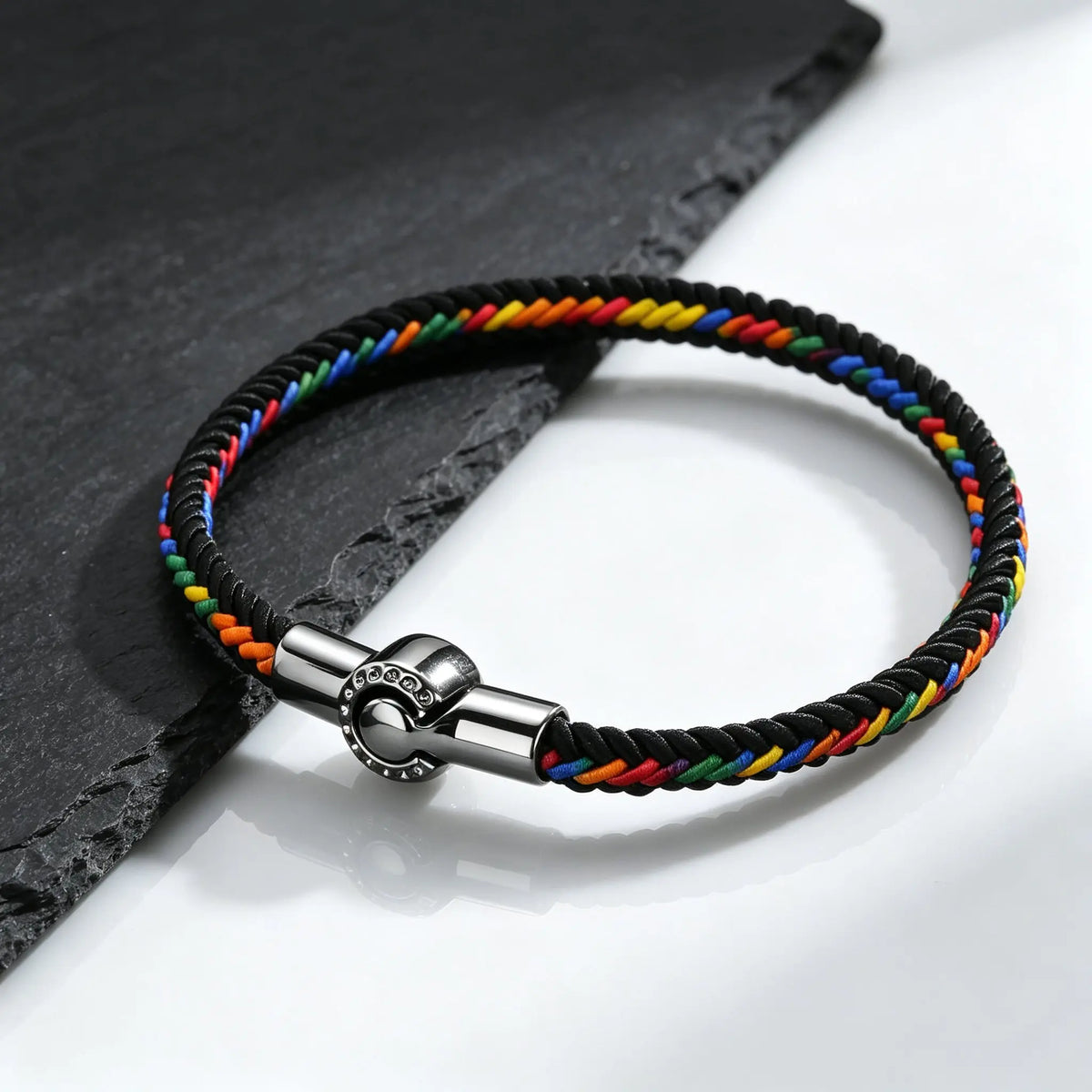 Men's Rainbow Braided Rope Bracelet,LGBT Pride Colorful Handmade Braided Bracelet with Stainless Steel Magnetic Clasp
