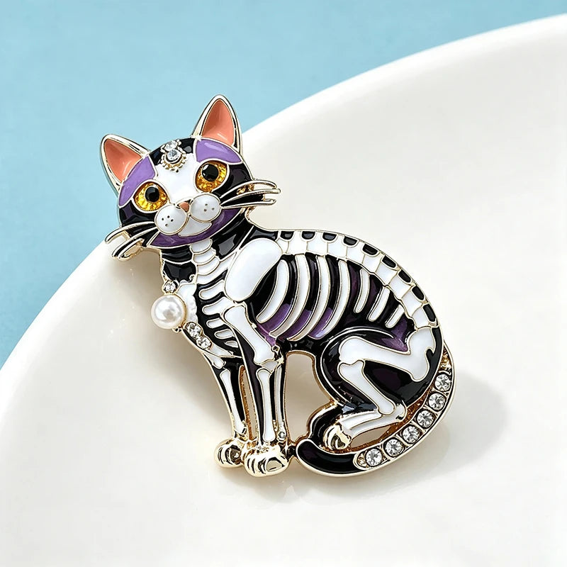 PENDRA Midnight Cat Skeleton Enamel Brooch