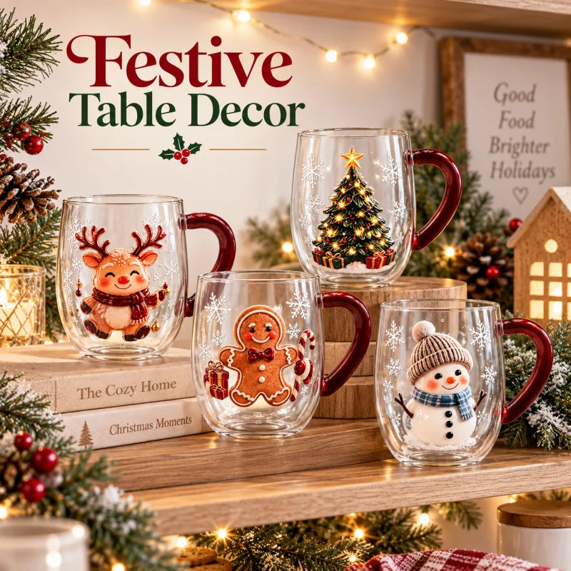 Christmas Double Wall Glass Mug Red Handle Xmas Snowman Reindeer Coffee Cup Holiday Decor Gift