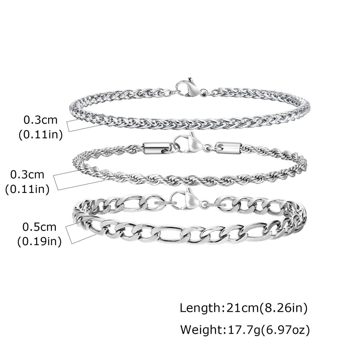 3pcs Silver Color Men's Bracelet,Waterproof Stainless Steel Wheat Chain Bracelet,Simple Casual Jewelry Gift