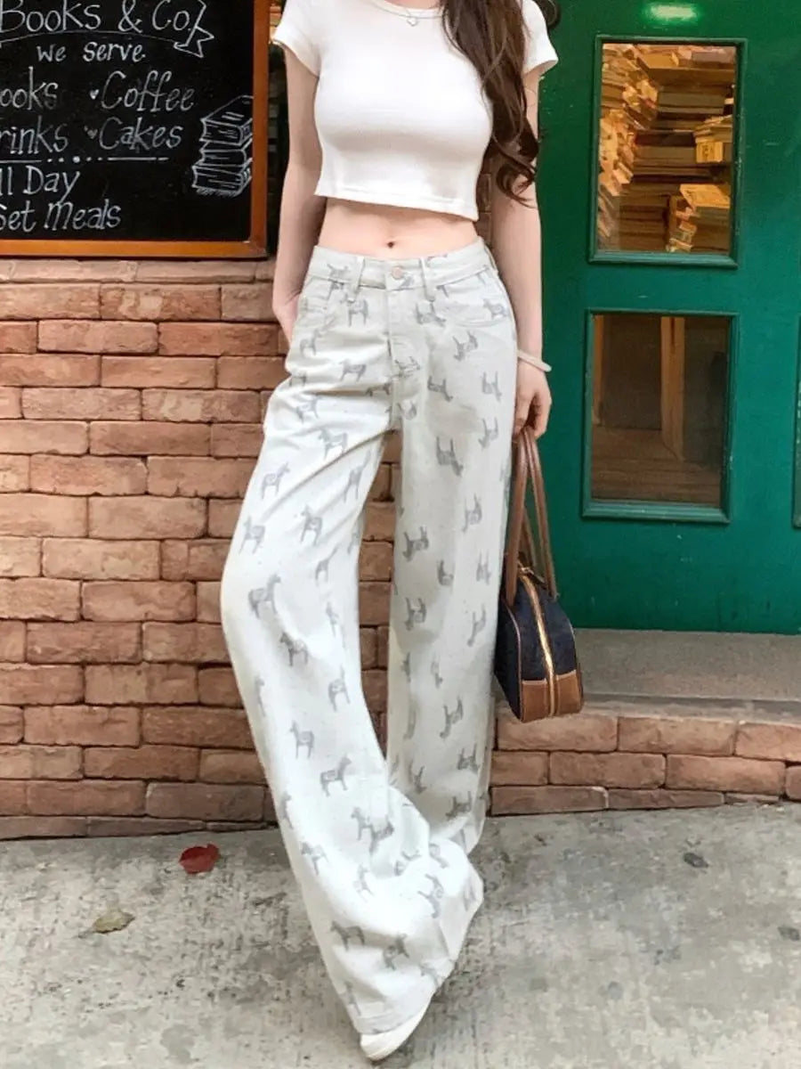 Design sense pony jacquard wide leg jeans women 2026 spring lazy style new high waisted retro versatile straight leg pants