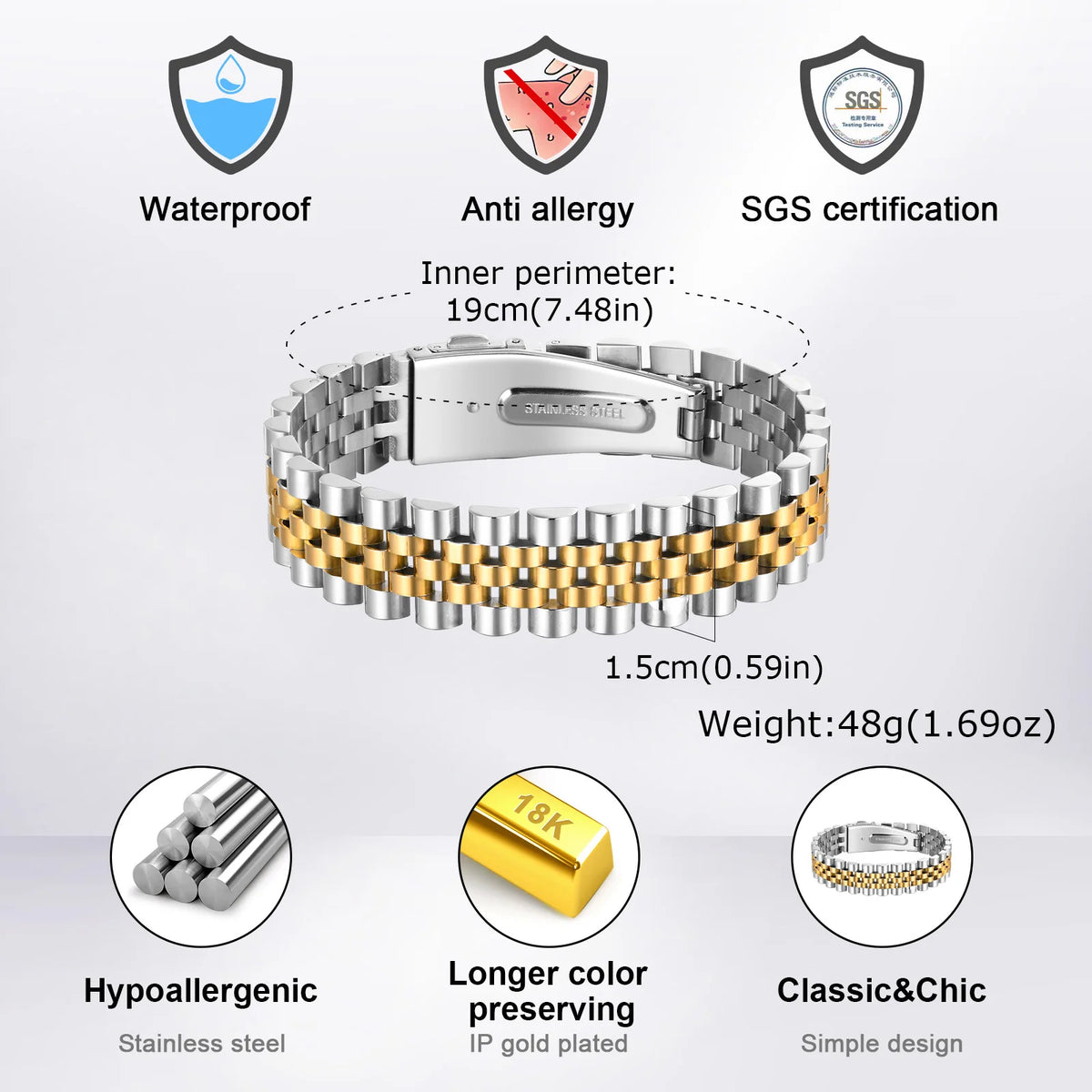 15MM Chunky Watch Band Bracelets for Men,19CM Magnetic Stainless Steel Links Wristband,Stylish Jewelry Gifts for Dad Husband Son
