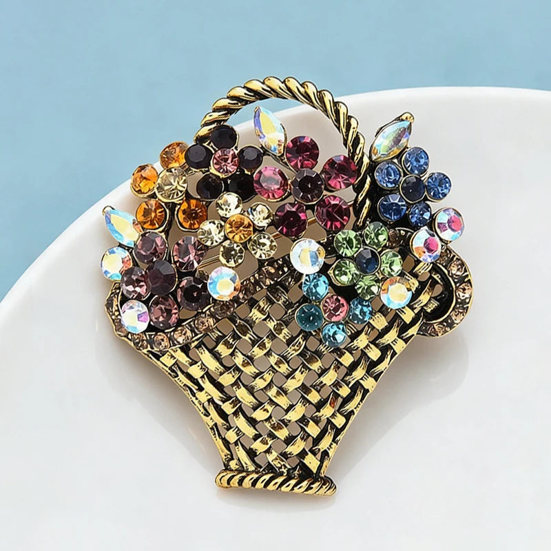 PENDRA Floriana Rhinestone Flower Basket Brooch