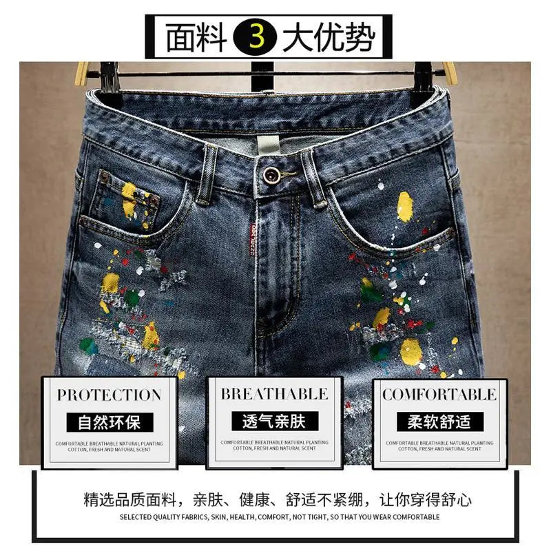 Beggar Ripped Denim Shorts Men's Summer Trendy Brand Ruffian Handsome Ink-splashing Elastic Washed Breeches Thin Short Pants