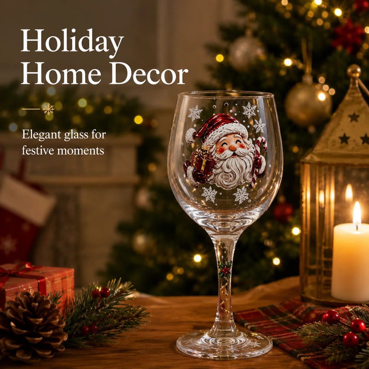 Christmas Themed Wine Goblet with Santa Pattern Clear Glass Cup for Party Home Table Decor