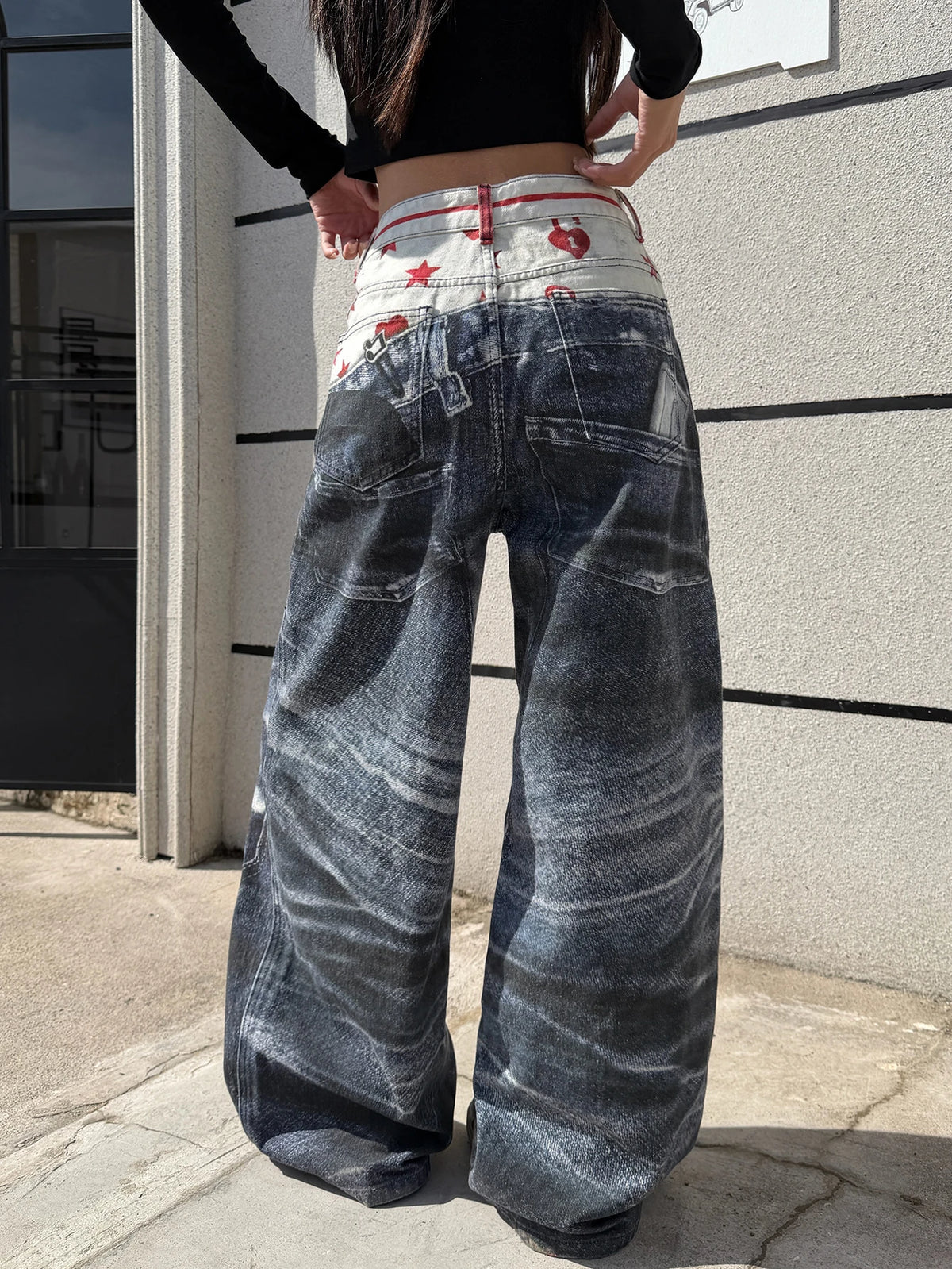 American High-Street 3D Print Design Blue Loose Jeans Y2K Street Trendy Fashion Versatile High-Waist Wide-Leg Pants