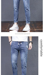 Man Fashion Elastic Waist Denim Jeans Men's Elastic Slim-fit Harlan 2026 New Light-colored Casual Trend Drawstring Men's Pants