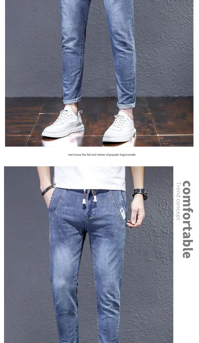 Man Fashion Elastic Waist Denim Jeans Men's Elastic Slim-fit Harlan 2026 New Light-colored Casual Trend Drawstring Men's Pants