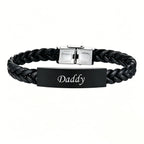 Black Leather Bracelet for Dad Him Men,Engraved Touching Words Stainless Steel Metal Wrsitband,Father's Day Gift