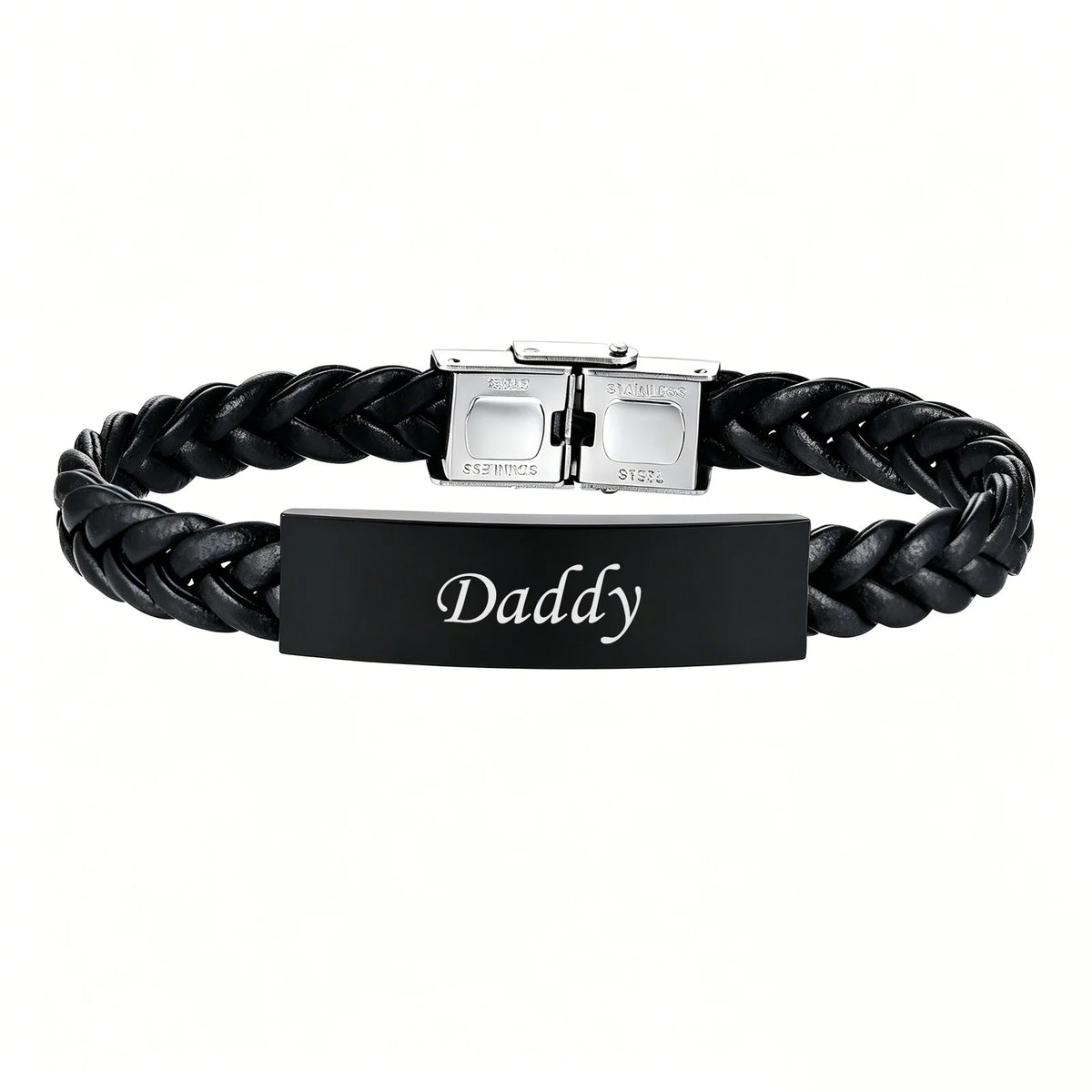 Black Leather Bracelet for Dad Him Men,Engraved Touching Words Stainless Steel Metal Wrsitband,Father's Day Gift