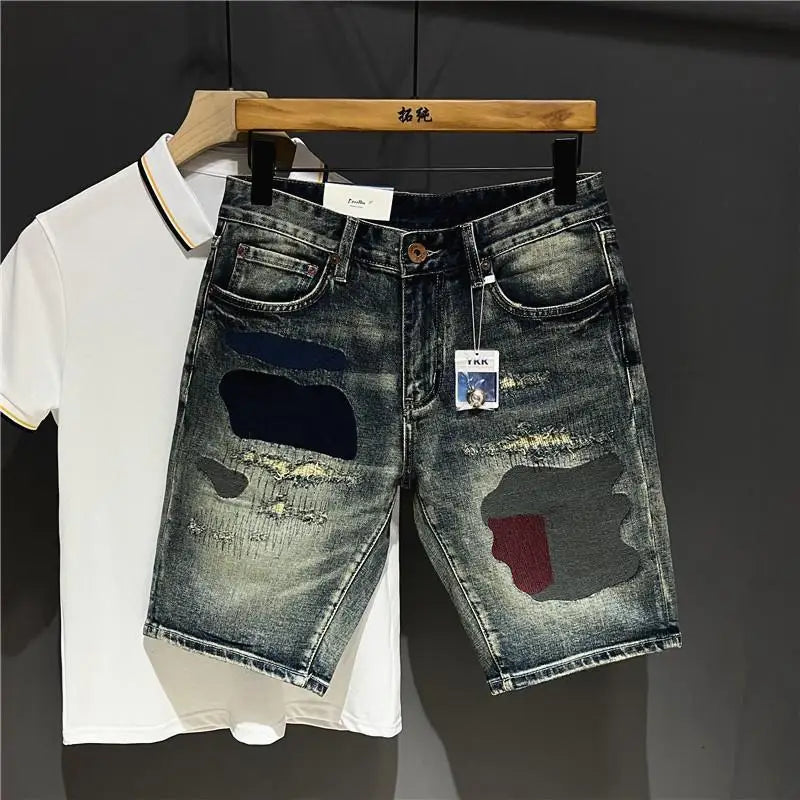 High-end Design Brand Embroidered Elastic Denim Shorts Men's Summer Middle Pants Slim-fitting Korean Breeches Jorts Shorts