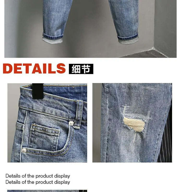Casual Spring and Autumn Slim Denim Pencil Pants Men's Jean 2024 New Broken Hole Slim Fit Beggar Design High Street Washed Jeans