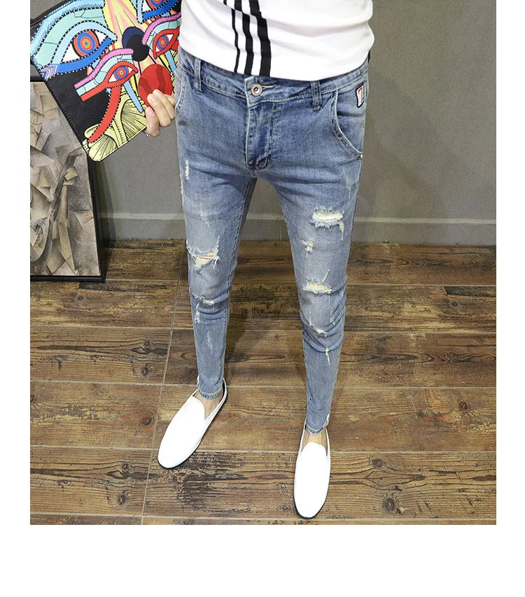 Light-colored Distressed Denim Cropped Trousers For Men Personality Slant Pocket Design, Embroidered Slim-fit Pencil Trousers