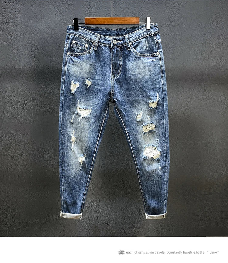 Nine-point jeans with holes for men's thin fashion brand slim feet in summer and summer Korean  style spring and autumn pants