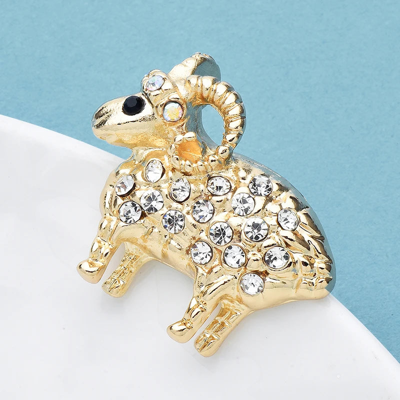 PENDRA Cute Rhinestone Goat Brooch