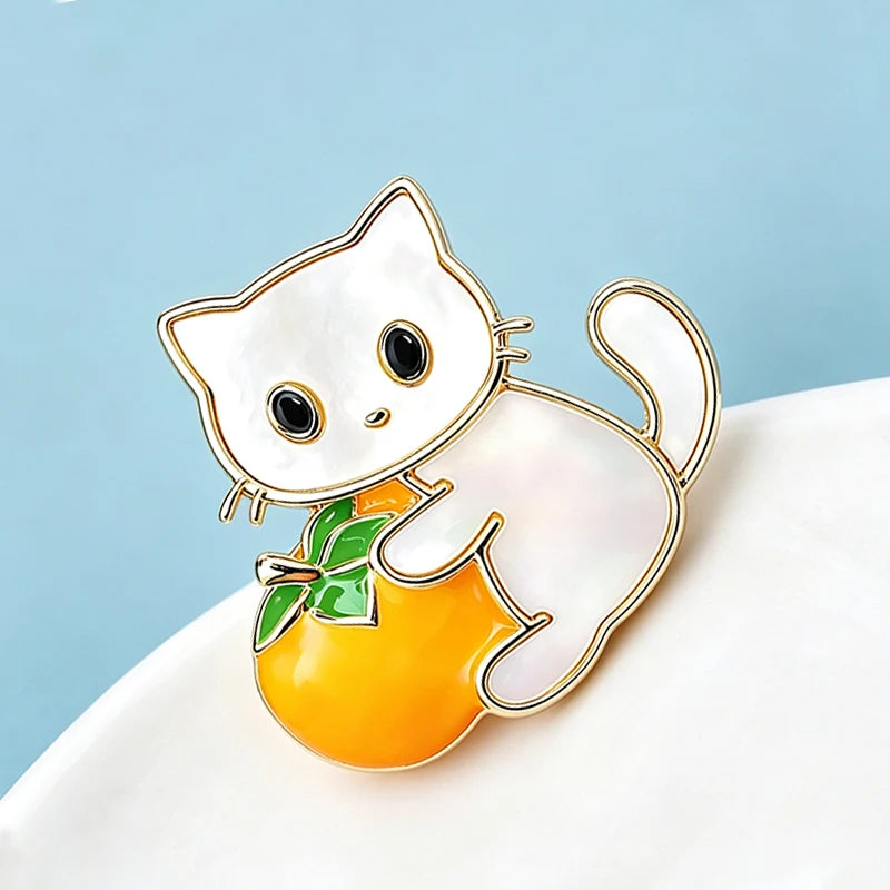 Wuli&baby Lovely Holding Persimmon Tomato Cat Brooches For Women Unisex Pets Animal Party Casual Brooch Pin Gifts