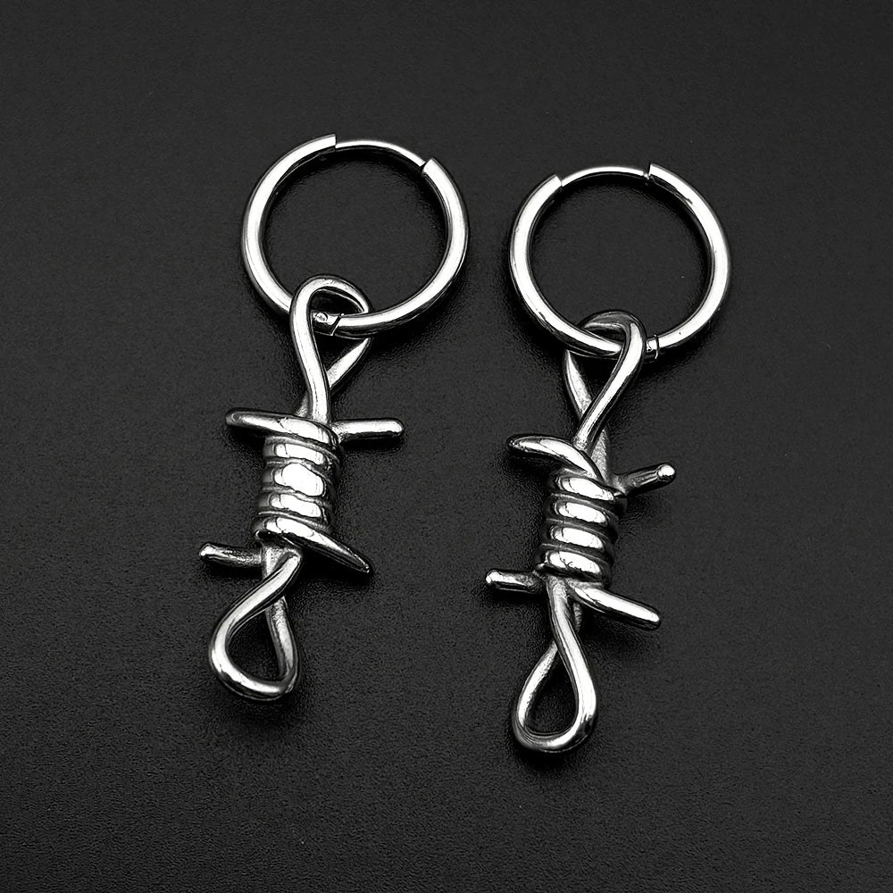 Hiphop Punk Barbed Wire Circle Earrings Stainless Steel Gothic Huggie Hoop Ear Ring Women Korean Rapper Jewelry Accessory