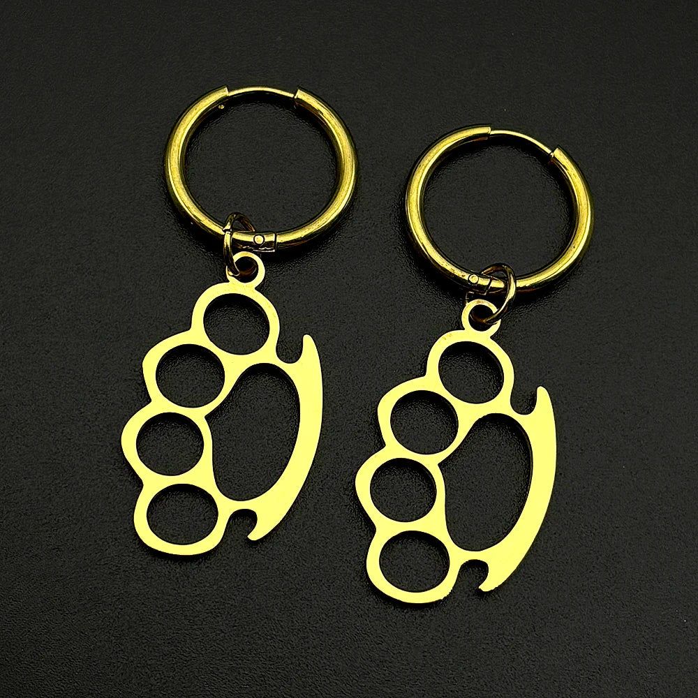 Brass Knuckles Dangle Earrings Punk Gothic Stainless Steel Earring Rivet Spike Hook Style For Edgy Streetwear Jewelry Gifts