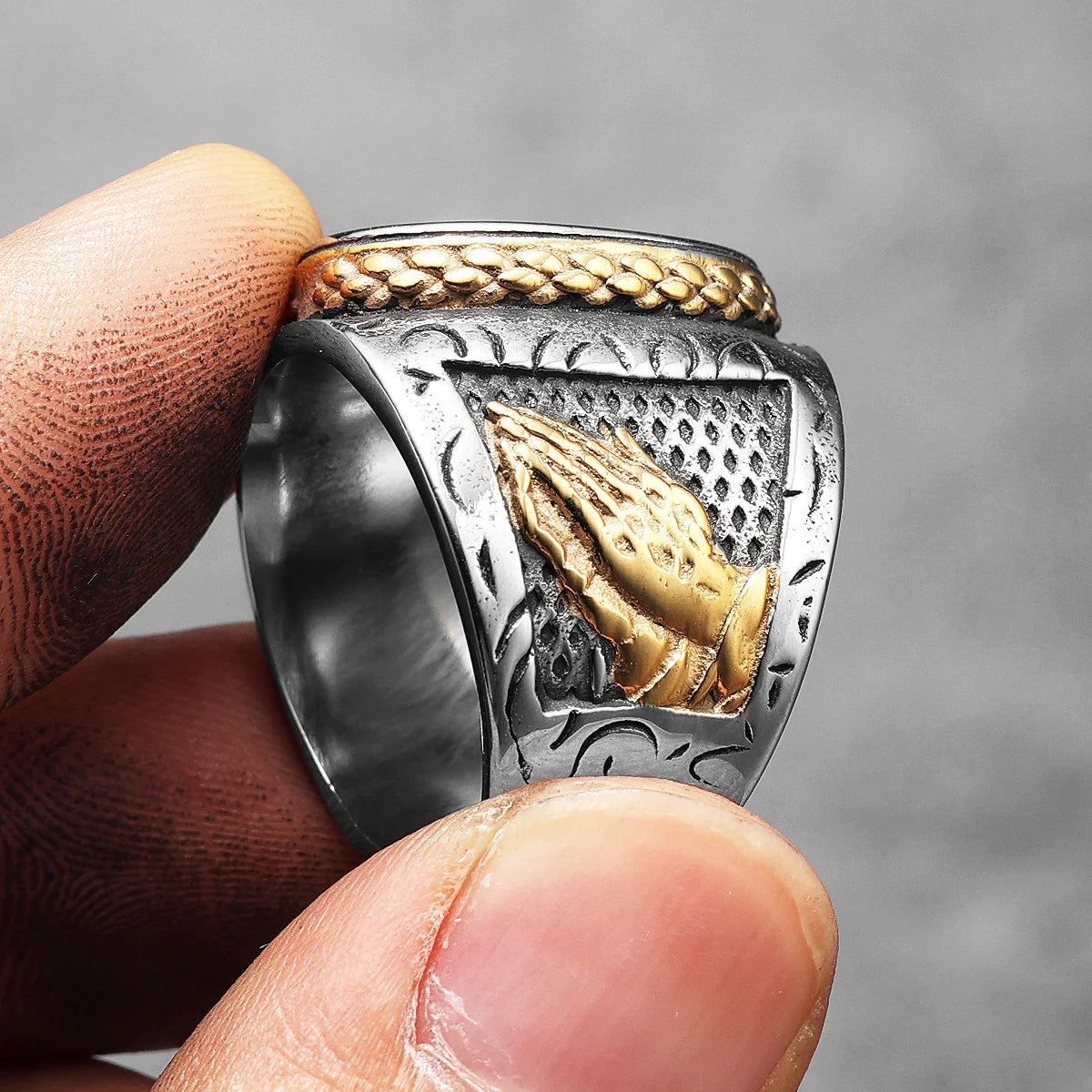 PENDRA Praying Hands Cross Steel Ring
