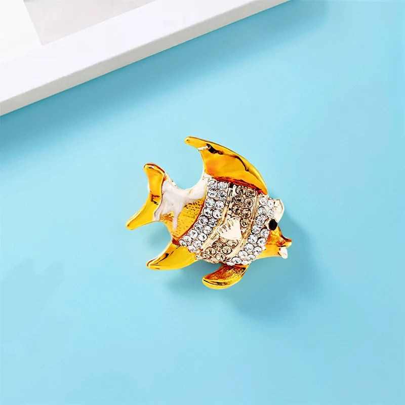 Wuli&baby Cute Enamel Fish Brooches Metal Rhinestone Water Animal Brooch For Women Clothes Backpack Pins Gifts