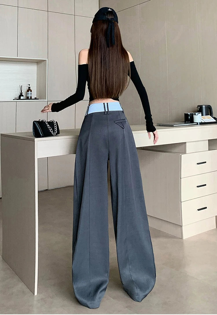Suit wide leg pants women's autumn and winter striped patchwork high waisted casual fashion versatile straight leg pants