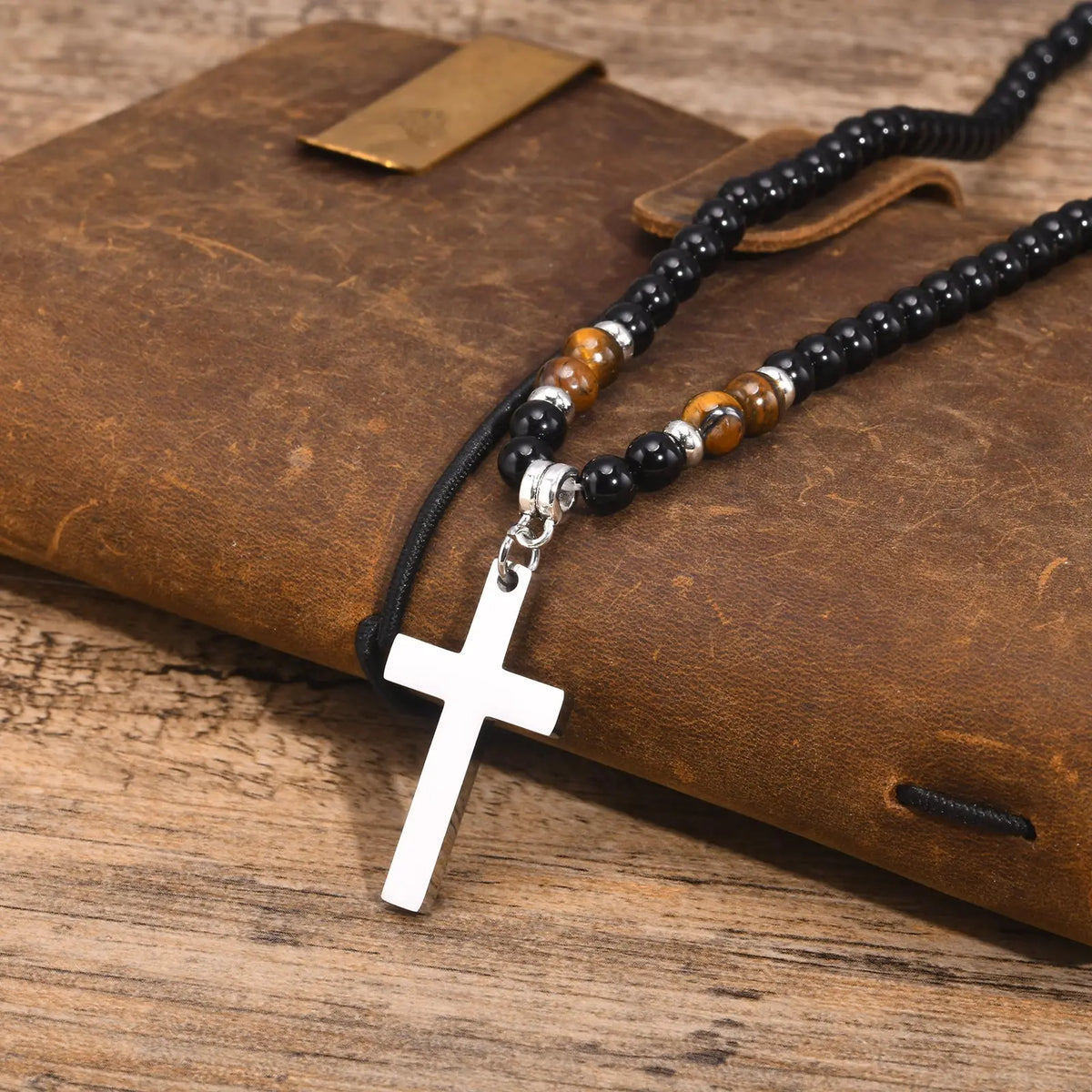 Mens Cross Pendant Necklaces, Waterproof Tiger Eye Black Beaded Necklace,Father's Day Birthday Party Gift for Him