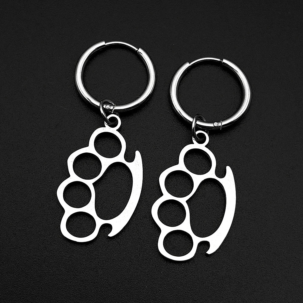Brass Knuckles Dangle Earrings Punk Gothic Stainless Steel Earring Rivet Spike Hook Style For Edgy Streetwear Jewelry Gifts