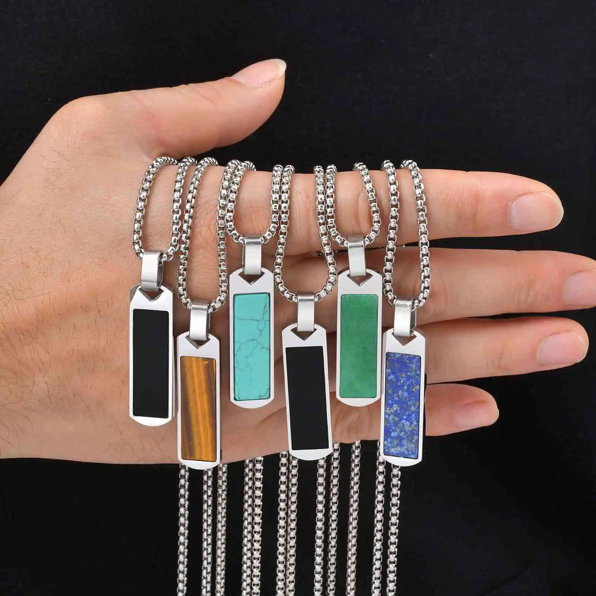 Natural Stone Healing Necklaces for Men,Stainless Steel Rectangular Pendant Necklace,Trendy Hip Hop Birthday Jewelry Gift