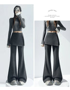 Fake two pieces fart curtain slightly flared pants women autumn winter high waisted buttons slimming floor hugging pants