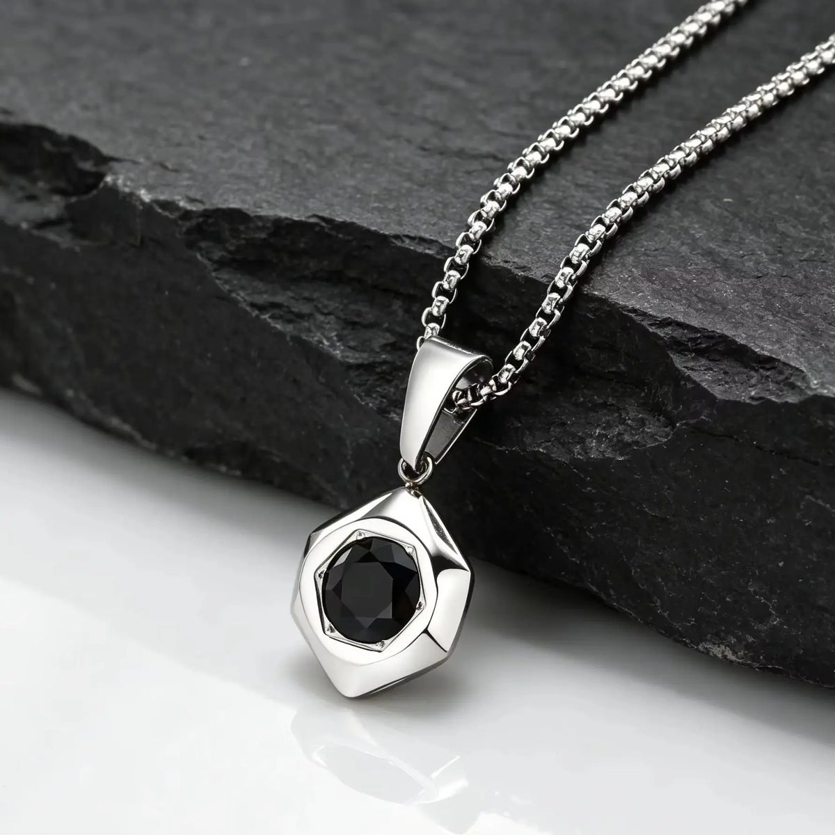 Men Stainless Steel Geometric Necklace,Black Cubic Zirconia Faceted Hexagon Pendant Necklace,Punk Hip Hop Waterproof Jewelry Gif