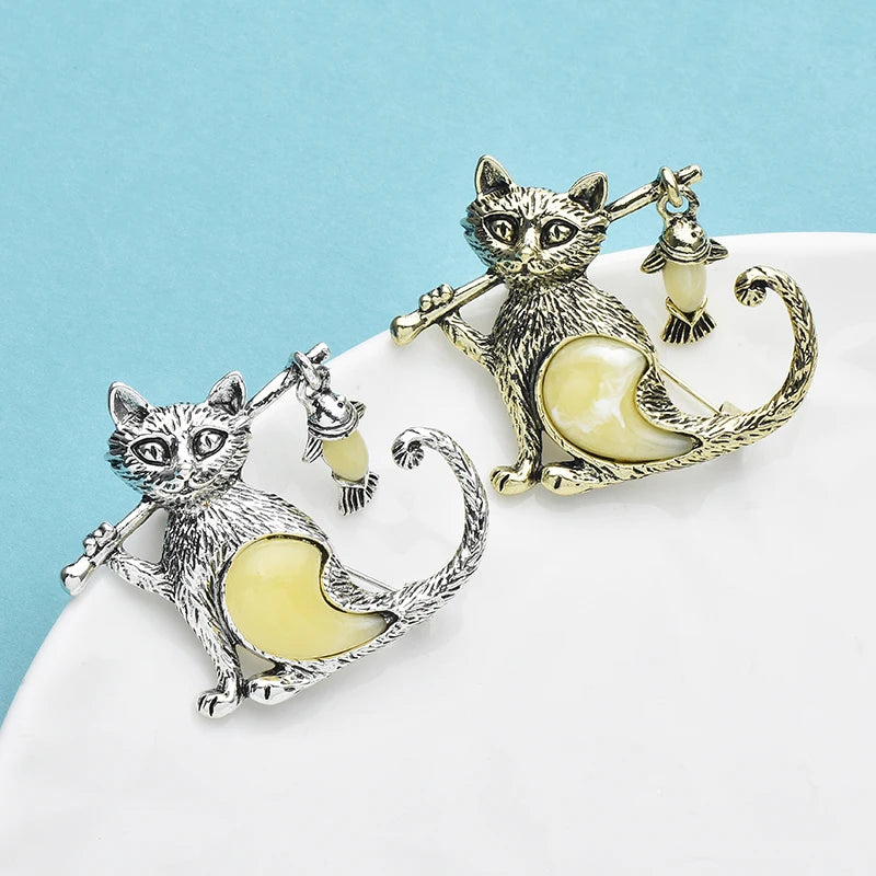 PENDRA Cat with Fish Enamel Brooch