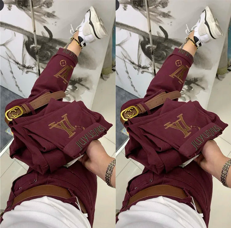 PENDRA Letter Embroidery High Waist Straight Jeans