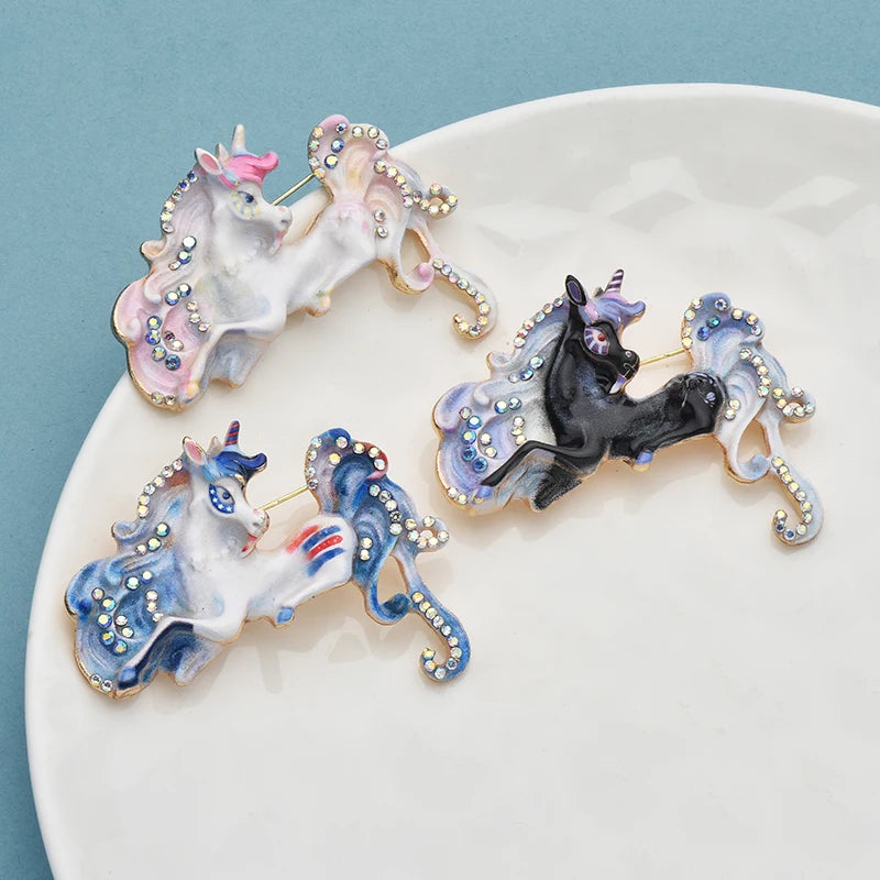 Wuli&baby Beautiful Enamel Horse Unicorn Brooch Pins 3-color Animal For Women Kid's Clothes Backpack Brooches Badge Gifts