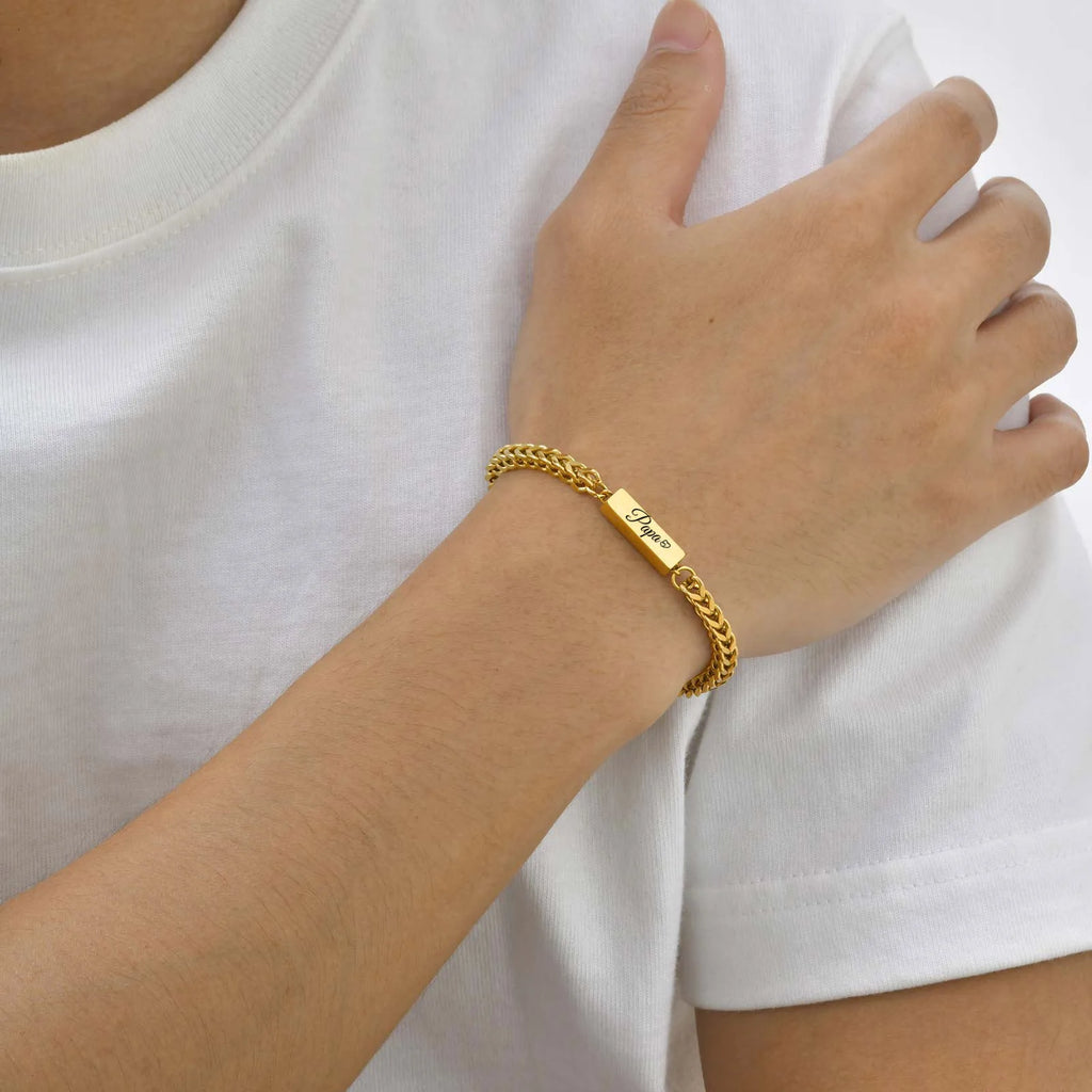 Papa Bracelet for Men Boys,21cm Waterproof Stainless Steel Franco Chain Links Wristband,Stylish Father's Day Gift