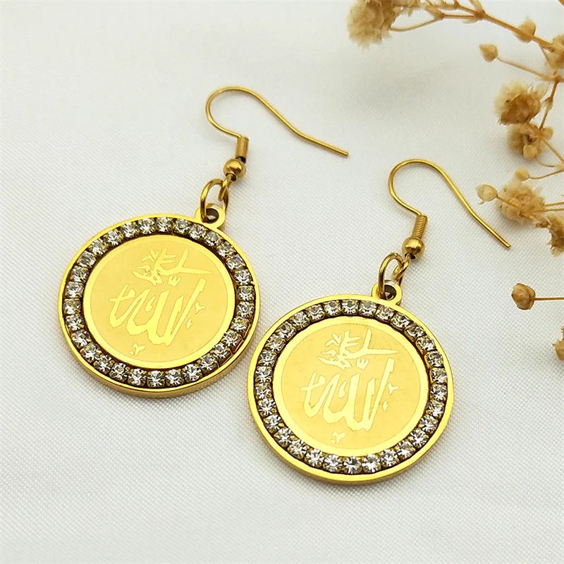 Muslim Islamic Religious Crystal Hoop Earrings For Women Men Stainless Steel Gold Color Islam Quran Allah Earring Arabic Jewelry