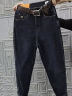 Autumn Winter High Waist Straight Jeans Women Loose Fit Stretch Haren Denim Pants Vintage Ladies Ankle-Length Jeans Pants 5XL
