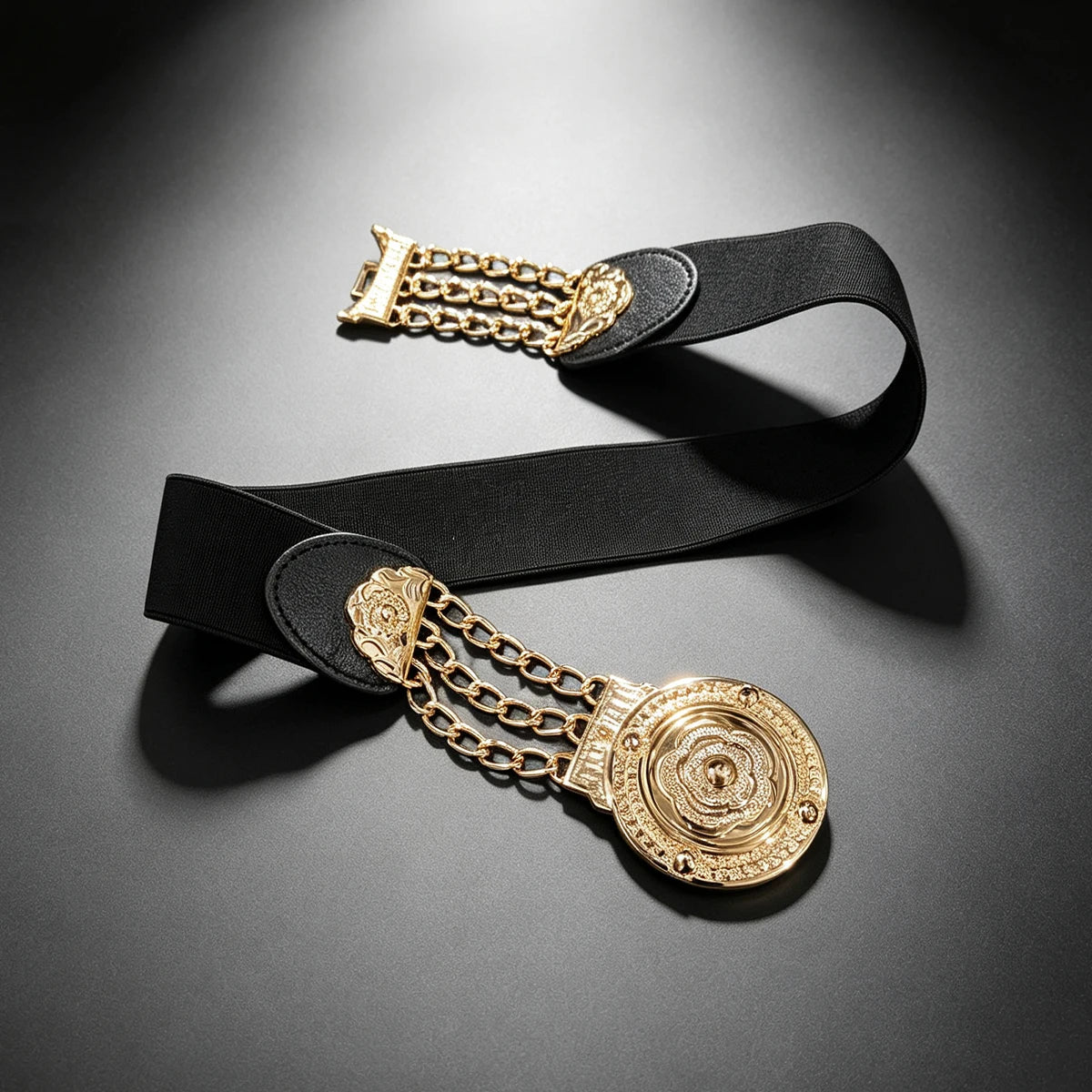 Golden Flora Women Girdle Metal Round Buckle Exaggeration Belt for Women's Black Waistband Gold Elastic Waist Seal Cummerbunds