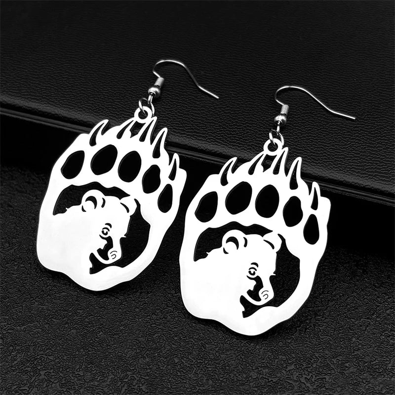 Hip Hop Animal Paw Bear Head Drop Earring for Women Stainless Steel Silver Black Color Hollow Earrings Jewelry E3492S06