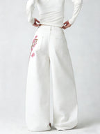 Women's White Embroidered High-Waist Loose Wide-Leg Jeans Y2K Street Trend Comfortable Everyday Versatile All-Season Pants