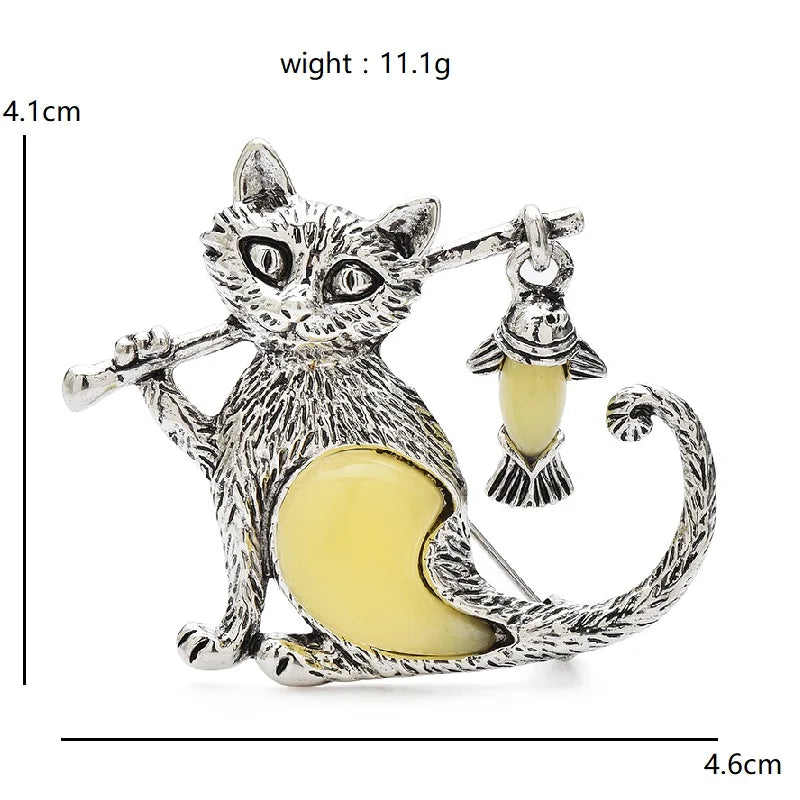 PENDRA Cat with Fish Enamel Brooch