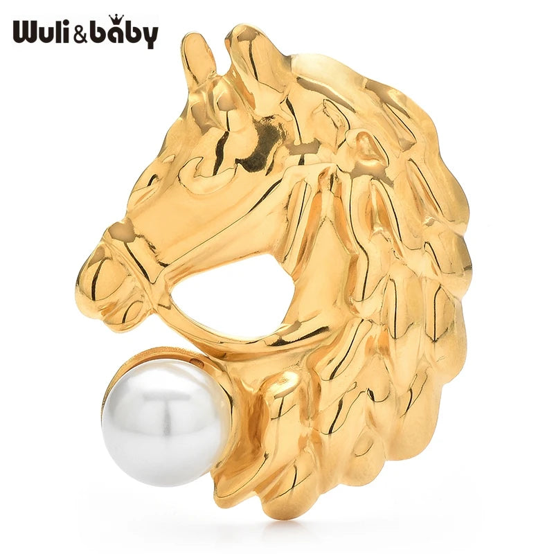 Wuli&baby Stainless Steel Horse Brooch Pin Pearl Animal Head Women Metal Badge Jewelry Accessory