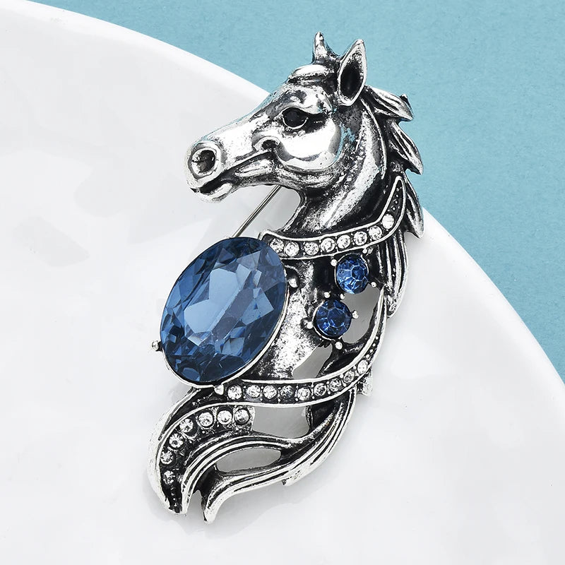 Wuli&baby Vintage Horse Head Horsehair Brooch Pins Crystal Animal Badge Women Jewelry Accessory Gift