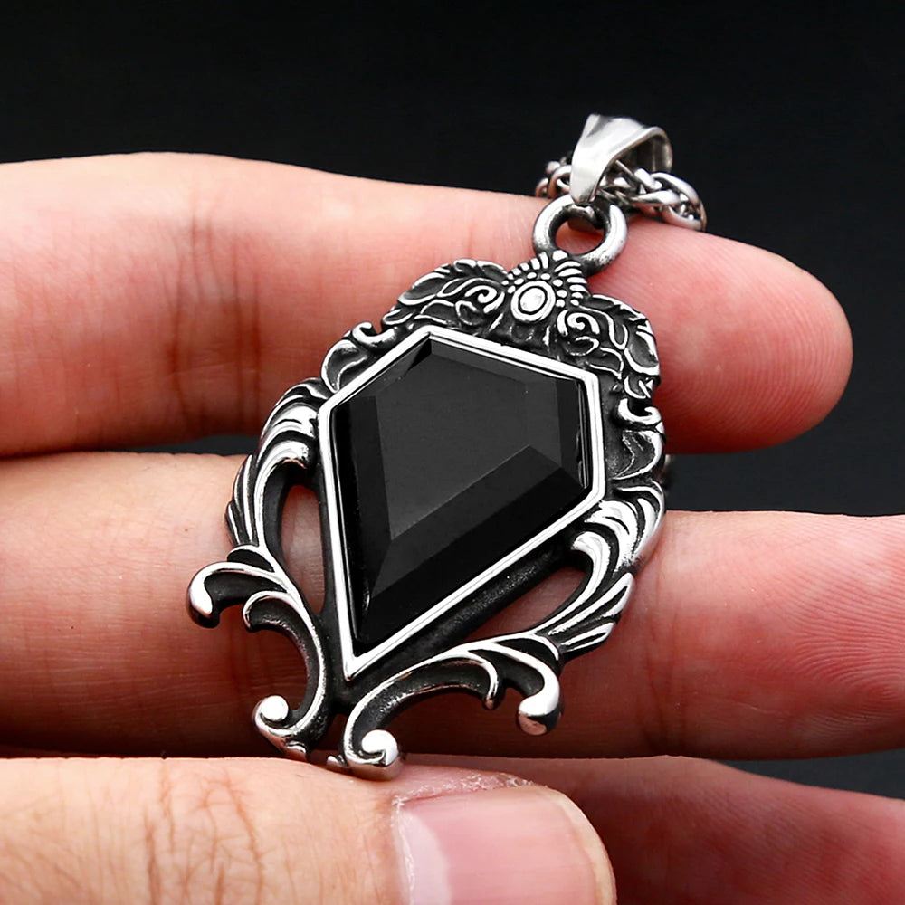 PENDRA Blackstone Vintage Stainless Steel Black Stone Necklace