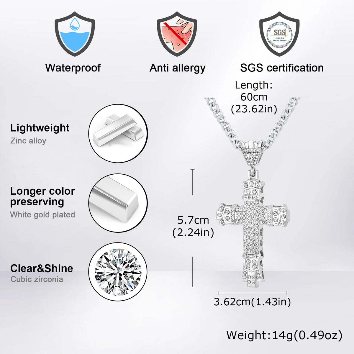 Hip-hop Rhinestone Cross Necklace for Men Boys,Punk Rap Street Cool Cross Metal Pendant Necklace,Birthday Gift for Husband Dad
