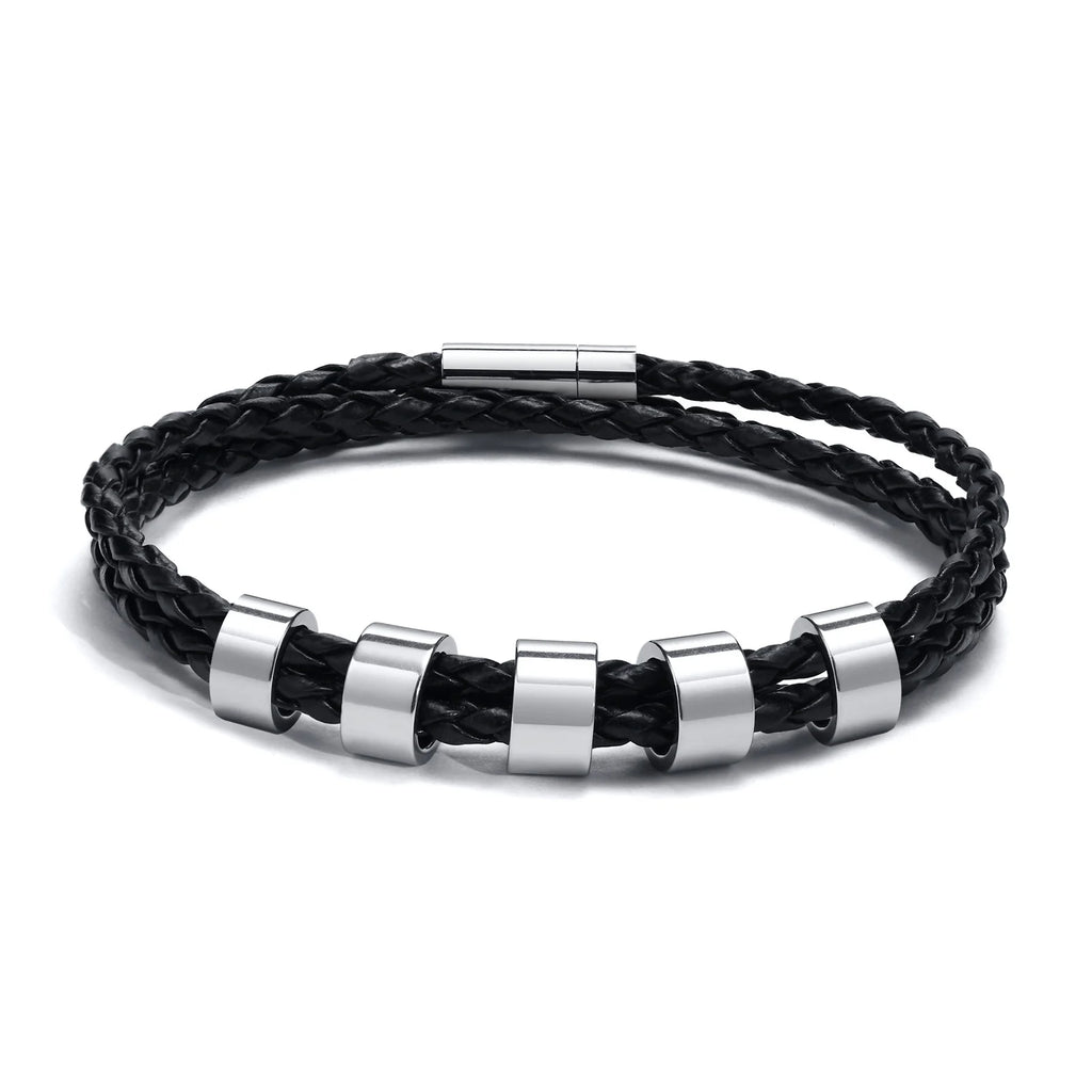 Custom 1-7 Names Multi Layer Leather Bracelet for Men,Stainless Steel Beads Handmade Braided Wristband,Gift for Father Dad